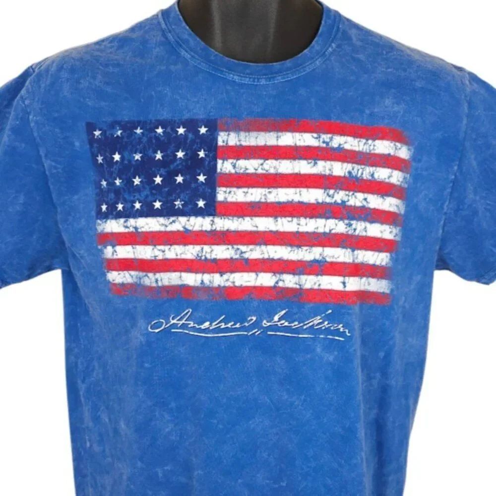 American Flag T Shirt Mens Size Medium Blue Andrew Jackson Signature